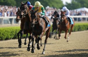Horse reach the quarter pole as they race toward the finish line in the Louisiana Derby.
